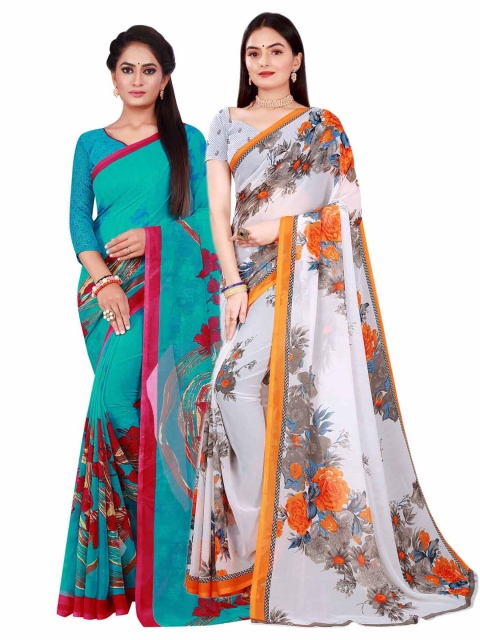 

Florence White & Orange Floral Pure Georgette Saree