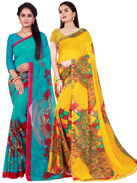 

Florence Yellow & Turquoise Blue Floral Pure Georgette Saree