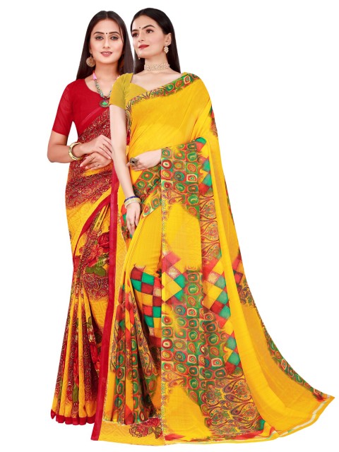 

Florence Yellow & Maroon Pure Georgette Saree