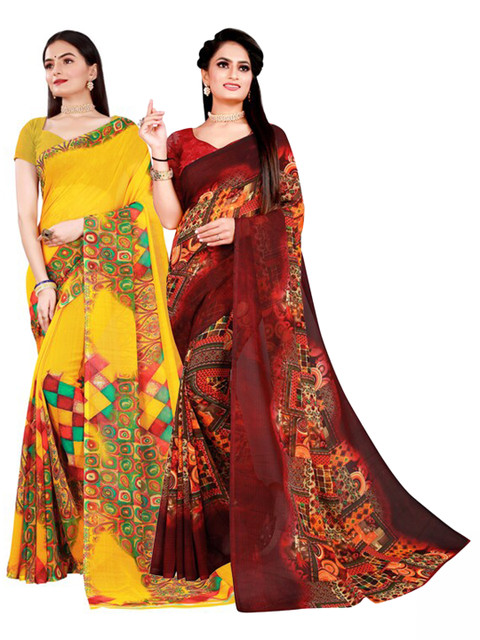 

Florence Yellow & Brown Pure Georgette Saree