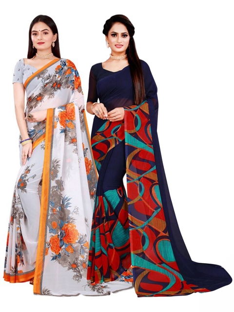 

KALINI White & Navy Blue Pure Georgette Saree