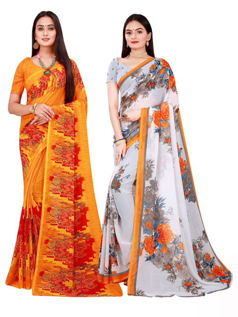 

KALINI White & Yellow Pure Georgette Saree