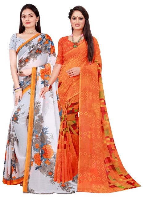 

KALINI White & Orange Pure Georgette Saree