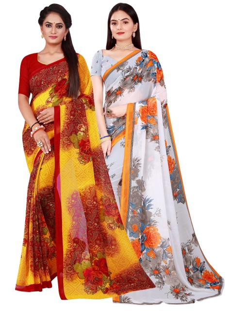 

KALINI White & Yellow Pure Georgette Saree