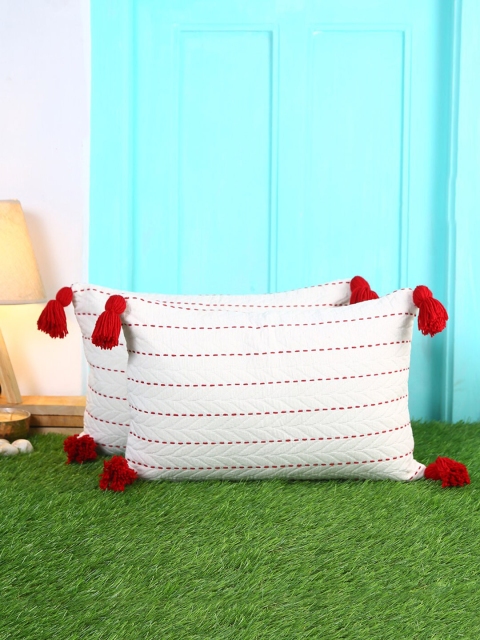 

KRAVIKA White & Red Set of 2 Striped Rectangle Cushion Covers