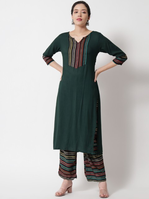 

Sitaram Designer Women Green Striped Panelled Pure Cotton Kurti with Palazzos