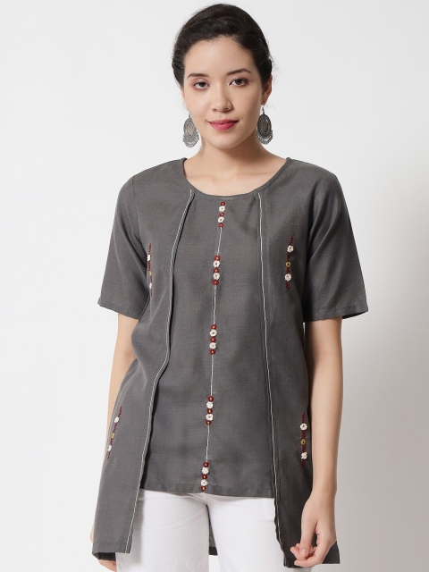

Sitaram Designer Grey Ethnic Motifs Embroidered Thread Work Thread Work Kurti