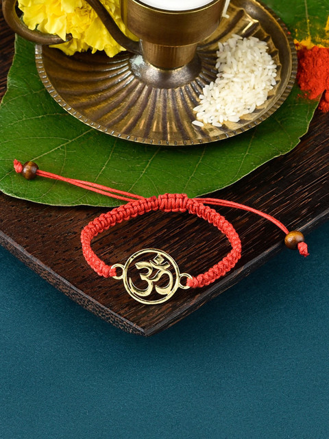 

ToniQ Men Gold-Plated Red Om Rakhi With Rolichawal