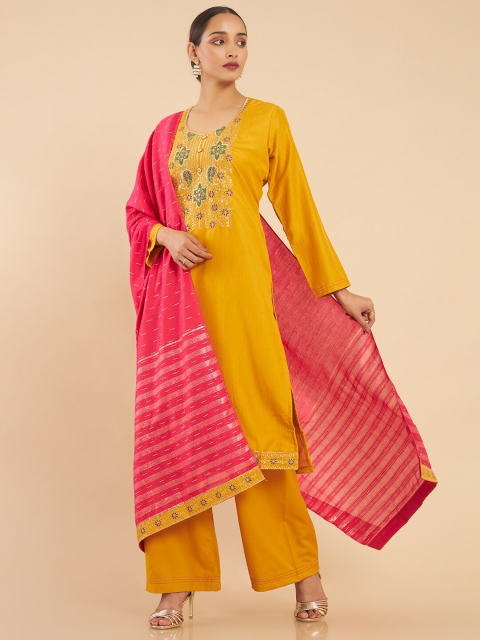 

Soch Yellow & Pink Embroidered Art Silk Unstitched Dress Material