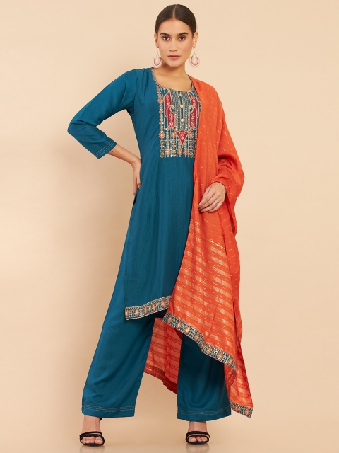 

Soch Blue & Orange Embroidered Art Silk Unstitched Dress Material
