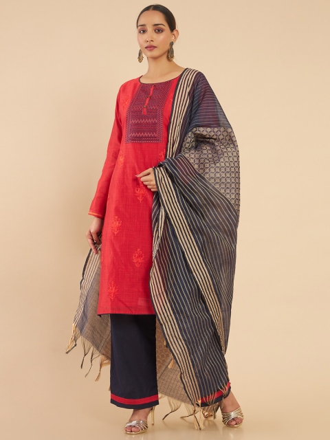 

Soch Red & Navy Blue Embroidered Art Silk Unstitched Dress Material