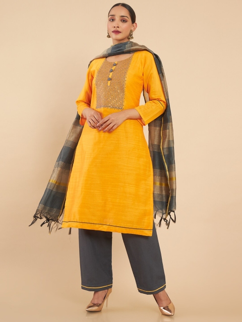 

Soch Yellow & Black Embroidered Art Silk Unstitched Dress Material