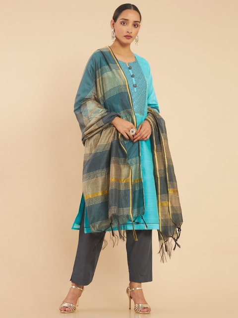 

Soch Teal & Beige Embroidered Art Silk Unstitched Dress Material