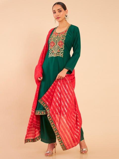 

Soch Green & Red Embroidered Art Silk Unstitched Dress Material