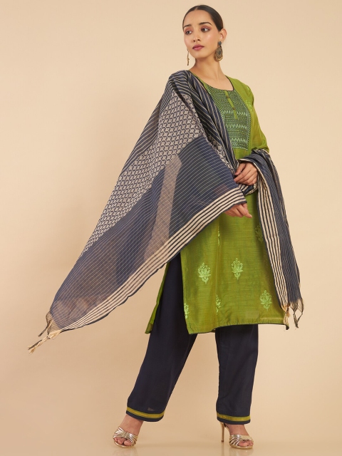 

Soch Green & Grey Embroidered Art Silk Unstitched Dress Material