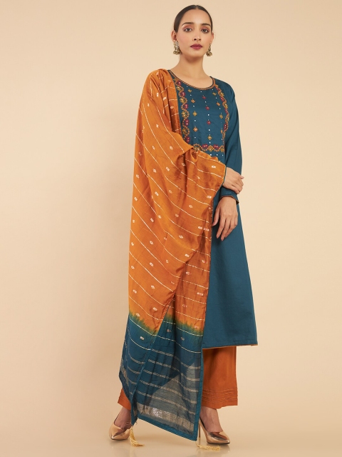 

Soch Blue & Brown Embroidered Pure Cotton Unstitched Dress Material