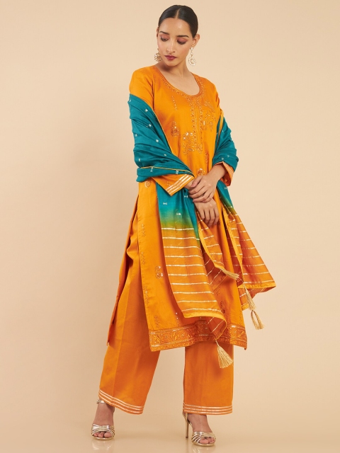 

Soch Mustard & Teal Embroidered Pure Cotton Unstitched Dress Material