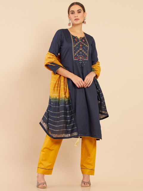 

Soch Blue & Yellow Embroidered Pure Cotton Unstitched Dress Material