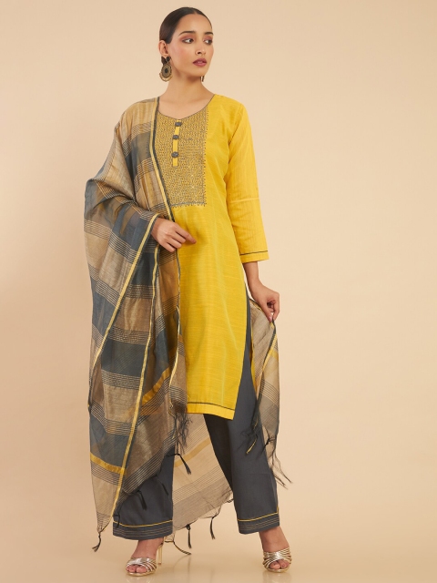 

Soch Mustard & Grey Embroidered Art Silk Unstitched Dress Material