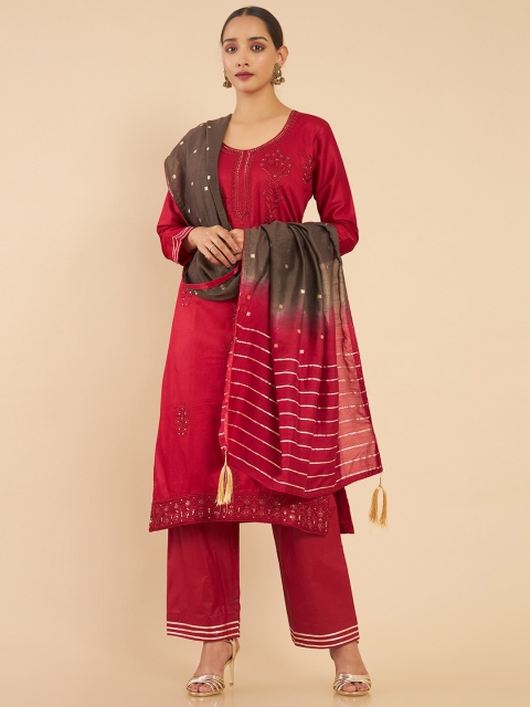 

Soch Maroon & Silver-Toned Embroidered Pure Cotton Unstitched Dress Material