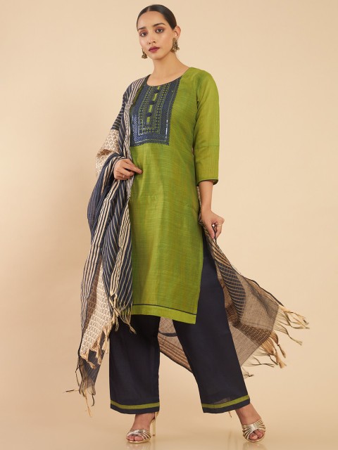

Soch Green & Blue Embroidered Art Silk Unstitched Dress Material