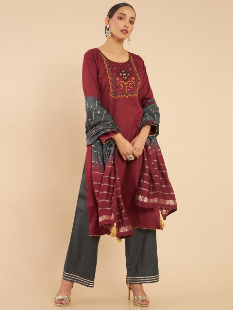 

Soch Maroon & Grey Embroidered Pure Cotton Unstitched Dress Material