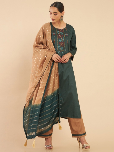 

Soch Green & Brown Embroidered Pure Cotton Unstitched Dress Material