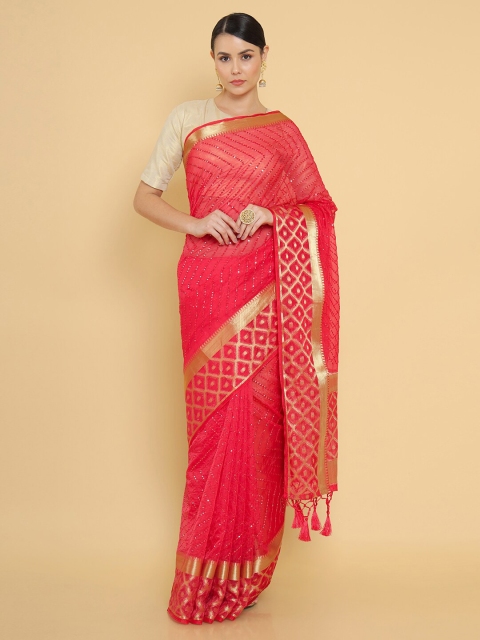 

Soch Red & Gold-Toned Woven Design Zari Organza Saree