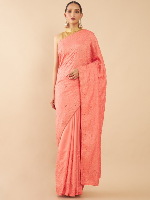

Soch Coral Floral Embroidered Silk Blend Tussar Saree