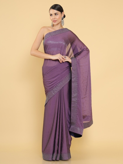 

Soch Purple & Silver-Toned Embellished Beads and Stones Pure Georgette Saree