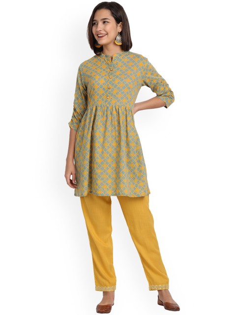 

Haute and Humble Women Mustard Yellow & high rise Ethnic Motifs Printed Thread Work Anarkali Kurta