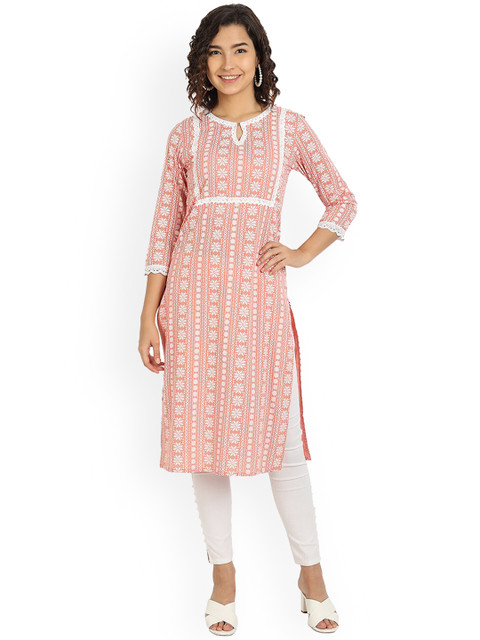 

Haute and Humble Women Peach-Coloured & powder pink Printed Keyhole Neck Thread Work Floral Kurta