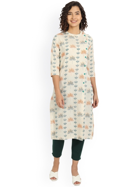 

Haute and Humble Women Off White Printed Mirror Work Floral Kurta