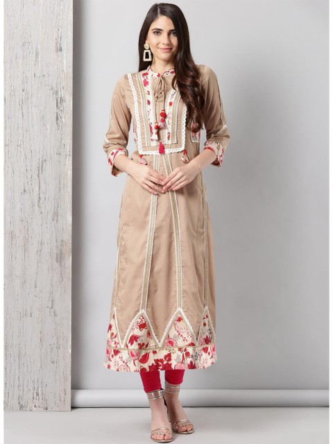 

Lakshita Women Beige & Red Floral Embroidered Pure Cotton Kurta