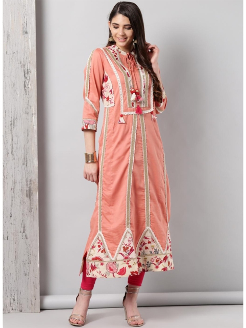 

Lakshita Women Peach-Coloured Floral Printed Gotta Patti Kurta