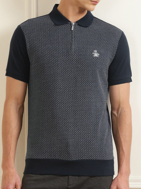 

Original Penguin Men Navy Blue Striped Polo Collar Applique T-shirt