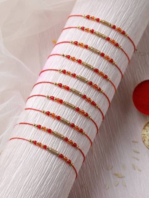 

Priyaasi Set Of 10 Red & Gold-Colored Threaded Rakhi with Roli Chawal & Card