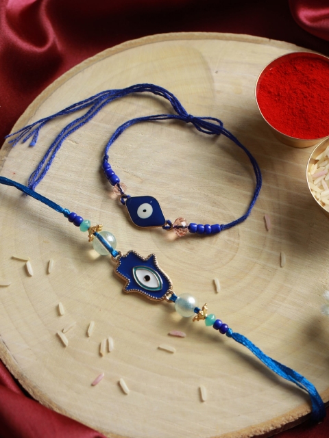 

Priyaasi Blue Set of 2 Evil Eye Hamsa Beaded Rakhi with Roli Chawal & Card