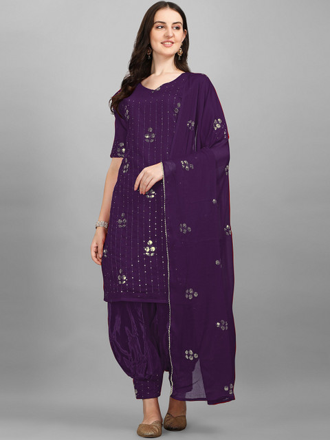 

KALINI Women Purple Ethnic Motifs Printed Sequinned Linen Kurti with Salwar & With Dupatta
