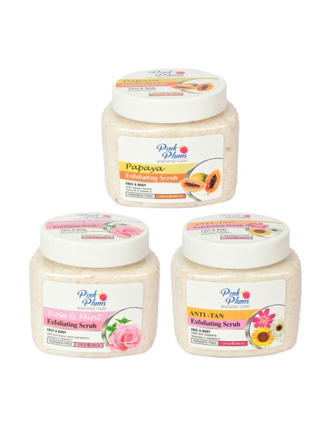 

Pink Plums Set of 3 Paraben Free Face & Body Exfoliating Scrubs - 500ml each, Beige