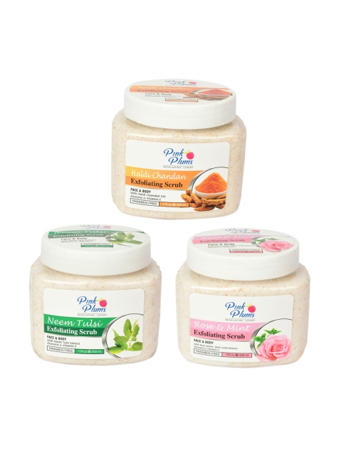 

Pink Plums Set of Haldi Chandan + Neem Tulsi + Rose & Mint Exfoliating Scrub - 500 ml Each, Off white