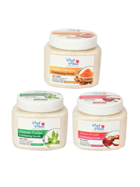 

Pink Plums Set of Haldi Chandan + Neem Tulsi + Skin Fruit Exfoliating Scrub - 500 ml Each, Off white