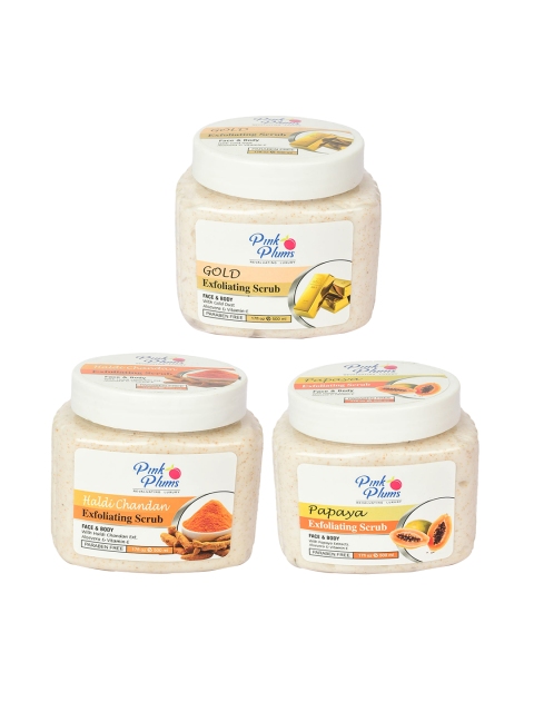 

Pink Plums Haldi Chandan + Gold + Papaya Exfoliating Face & Body Scrub-500ml Each, Off white