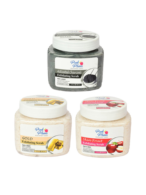 

Pink Plums Activated Charcoal + Gold + Skin Fruit Exfoliating Face & Body Scrub-500ml Each, Black