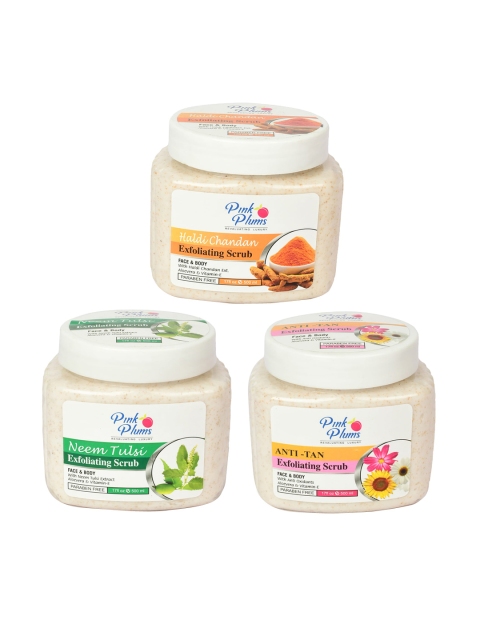 

Pink Plums Set of Haldi Chandan + Neem Tulsi + Anti Tan Exfoliating Scrub - 500 ml Each, Off white