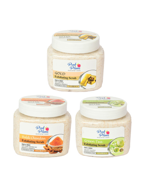 

Pink Plums Haldi Chandan + Gold + Green Tea Exfoliating Face & Body Scrub-500ml Each, Off white