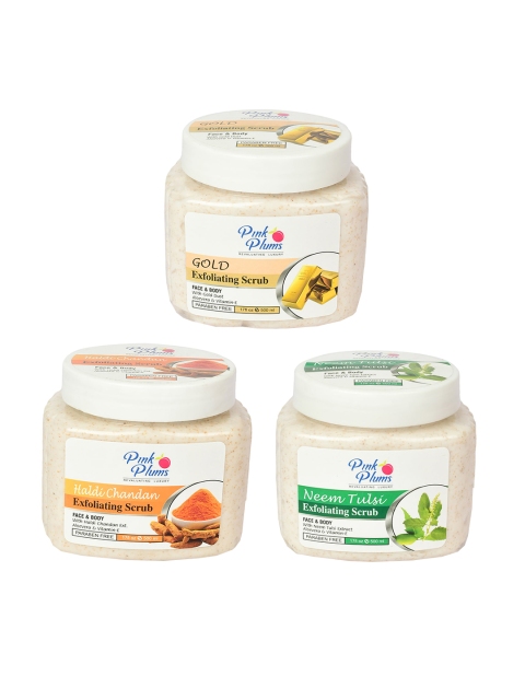 

Pink Plums Haldi Chandan + Gold + Neem Tulsi Exfoliating Face & Body Scrub-500ml Each, Off white
