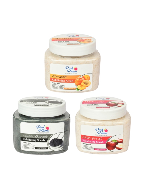 

Pink Plums 3 Pieces Apricot Charcoal Skin Fruit Face & Body Scrub-500 Ml, Multi