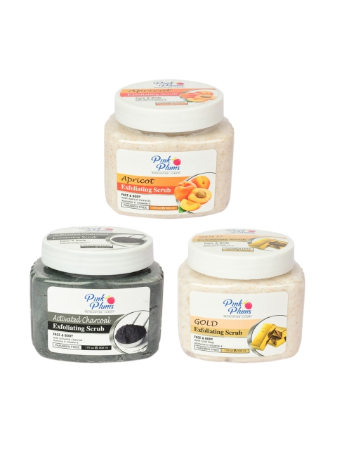 

Pink Plums 3 Pieces Apricot Charcoal Gold Face & Body Scrub-500 Ml Each, Multi