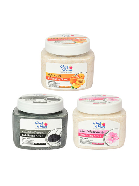 

Pink Plums 3 Pieces Apricot Charcoal Skin Whitening Face & Body Scrub-500 Ml Each, Multi